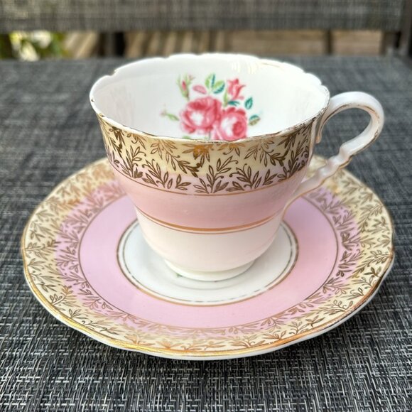 Royal Stafford Pink Tea Cup and Saucer, Pink Rose Gold Chintz Teacup and Saucer